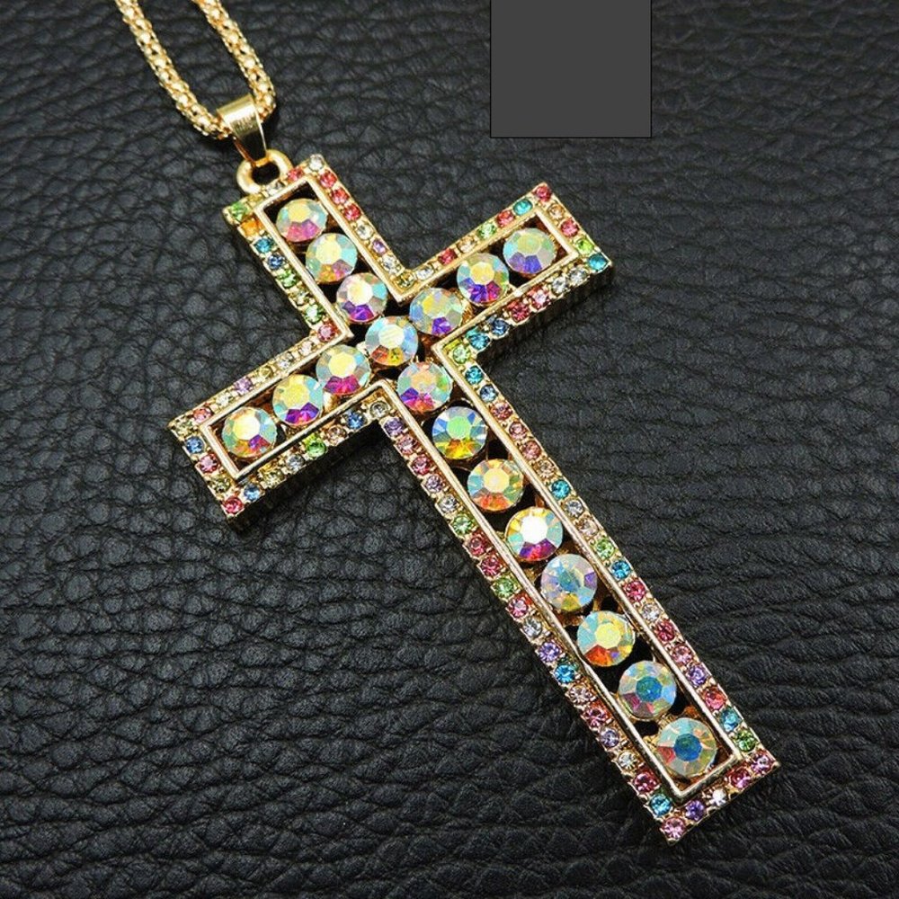 Colorful Rhinestone Cross Gold Pendant Crystal - Picture 2 of 3